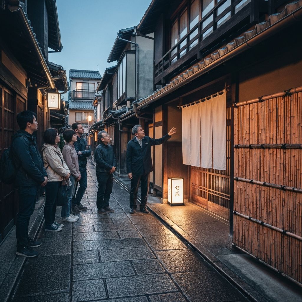 A quiet Gion alley at twilight with a guide pointing out machiya details